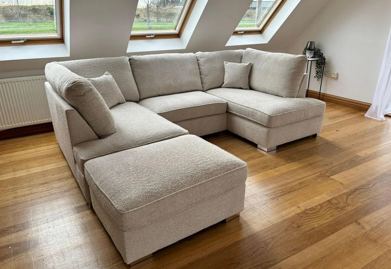 Carnaby Small U-Shape Sofa with Footstool in Cream Teddy – Modern Sectional Couch