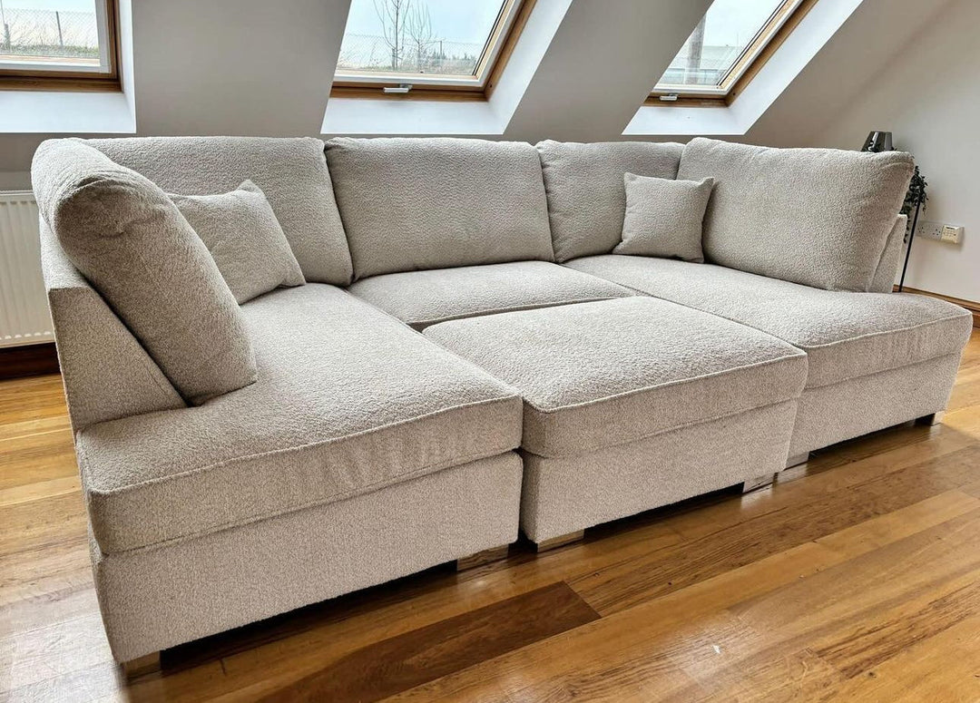 Carnaby Small U-Shape Sofa with Footstool in Cream Teddy – Modern Sectional Couch