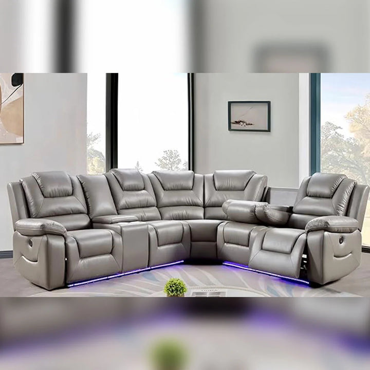 Oxford Leather Electric Recliner Corner Sofa with Cup Holders, USB Charging & LED Lights