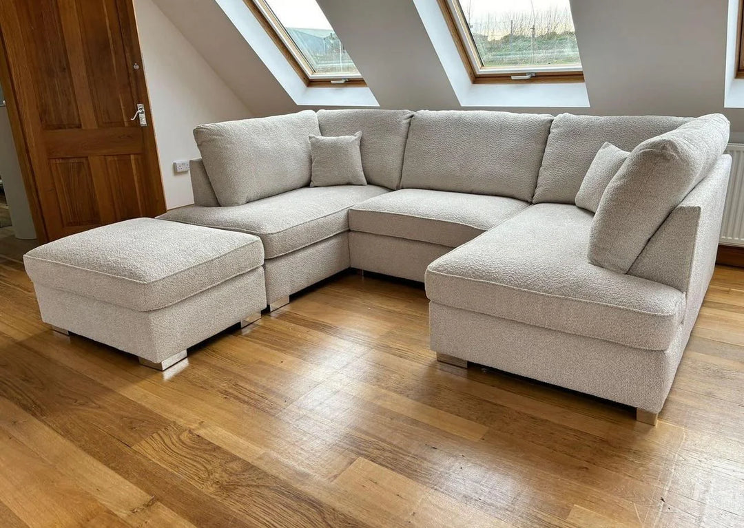 Carnaby Small U-Shape Sofa with Footstool in Cream Teddy – Modern Sectional Couch