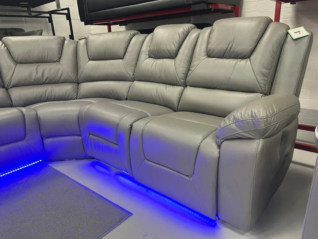 Oxford Leather Electric Recliner Corner Sofa with Cup Holders, USB Charging & LED Lights