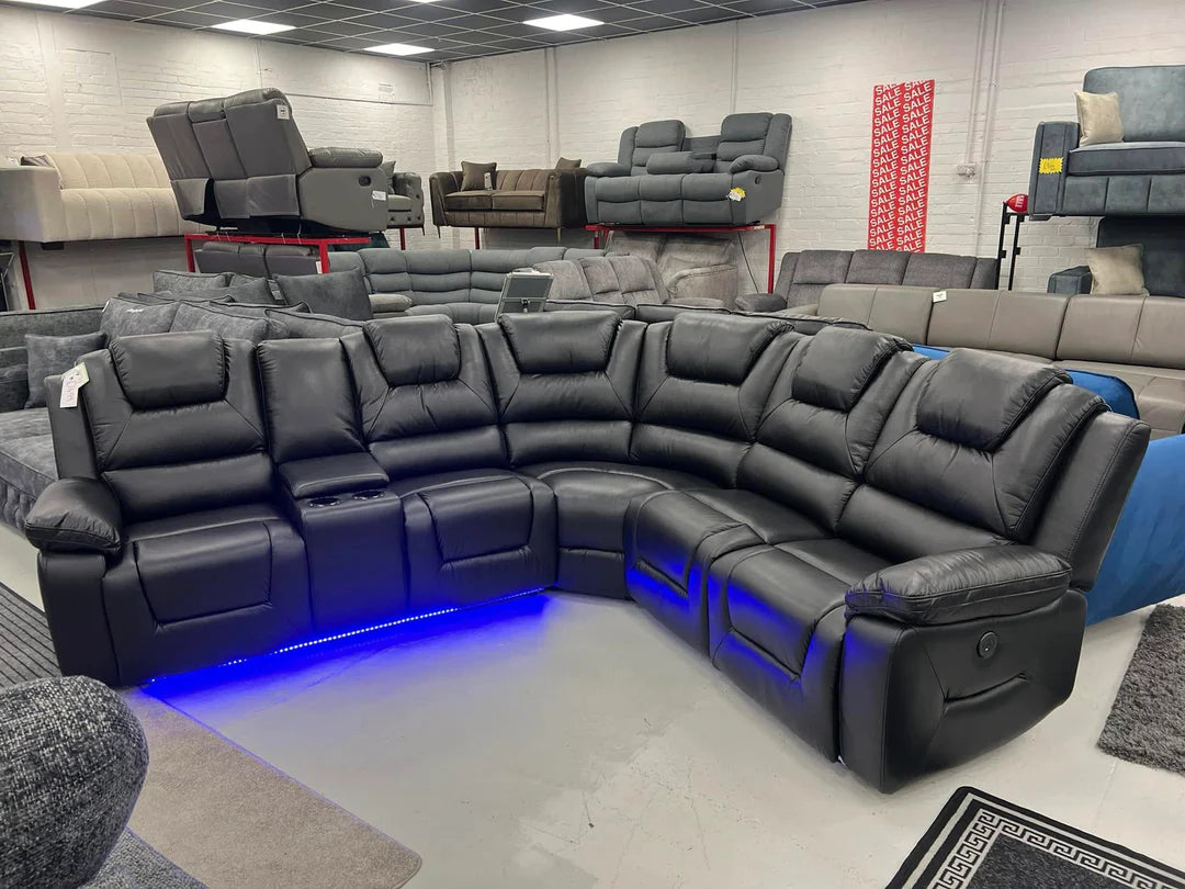 Oxford Leather Electric Recliner Corner Sofa with Cup Holders, USB Charging & LED Lights