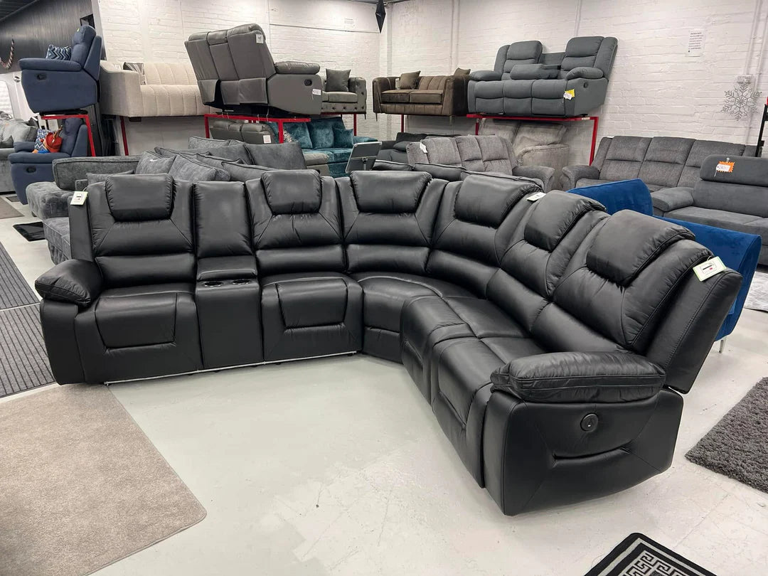 Oxford Leather Electric Recliner Corner Sofa with Cup Holders, USB Charging & LED Lights