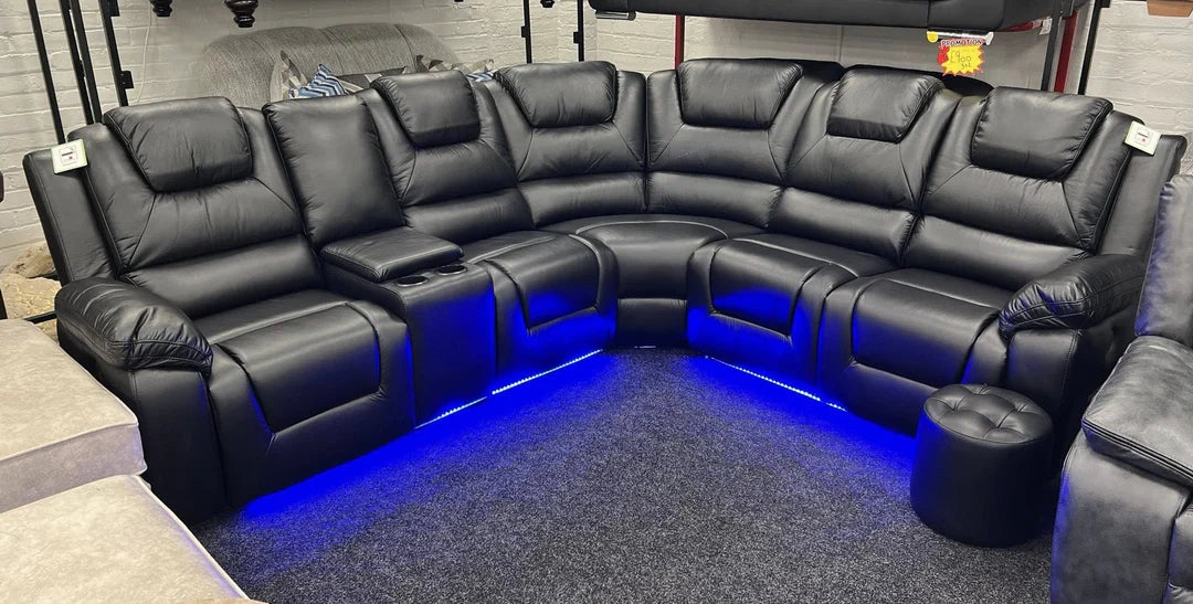 Oxford Leather Electric Recliner Corner Sofa with Cup Holders, USB Charging & LED Lights