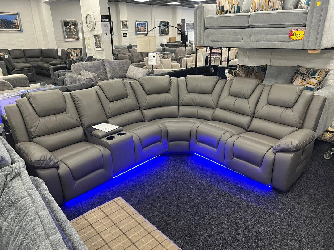 Oxford Leather Electric Recliner Corner Sofa with Cup Holders, USB Charging & LED Lights