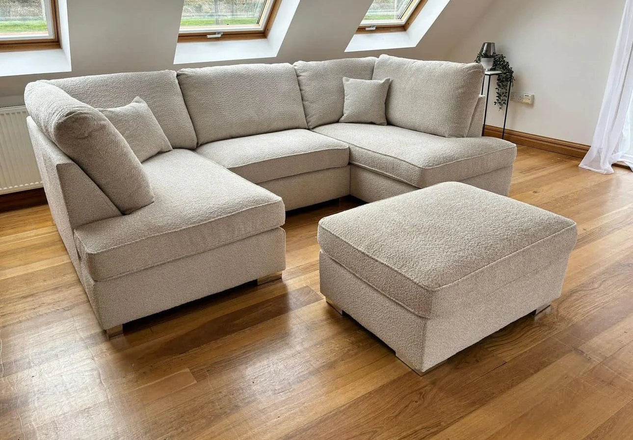 Carnaby Small U-Shape Sofa with Footstool in Cream Teddy – Modern Sectional Couch
