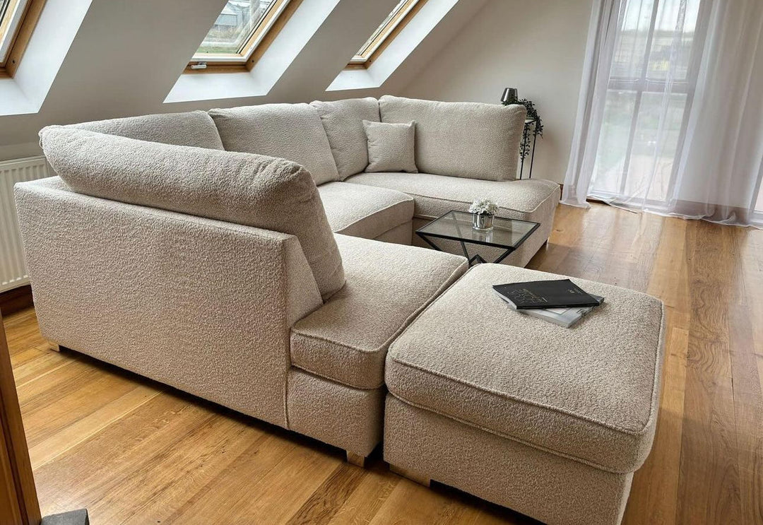 Carnaby Small U-Shape Sofa with Footstool in Cream Teddy – Modern Sectional Couch