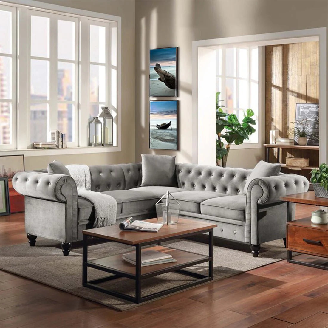 Glacier Solid Wood Fabric L Shape Chesterfield Sofa – Abi Convenient Store